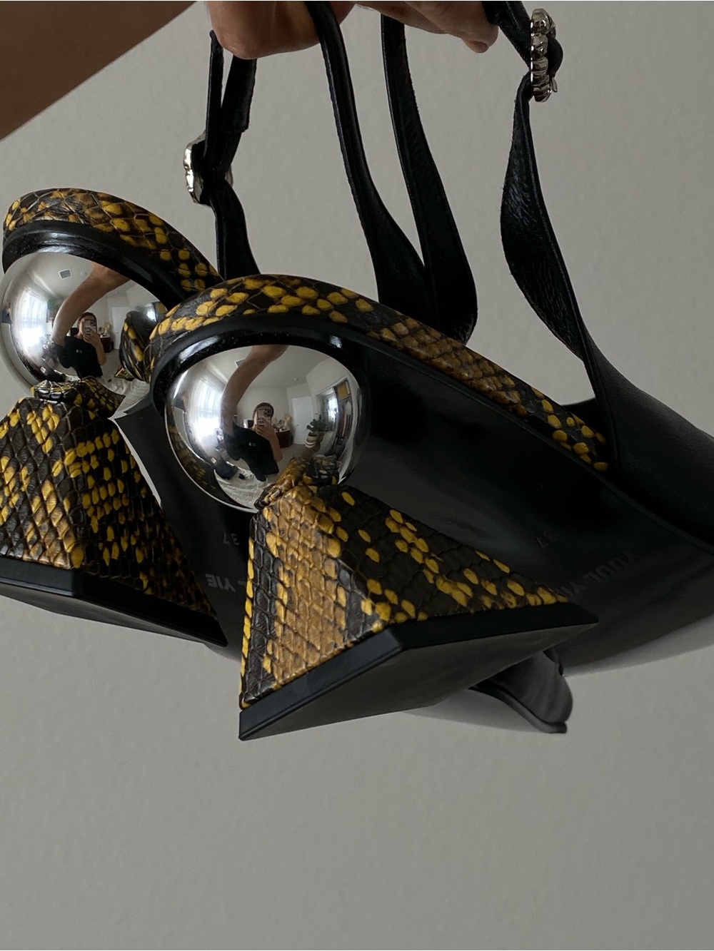 Yuul Yie Black Leather Slingback Pumps with Yellow Patterned Block Heel - Picture 6 of 7